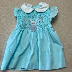 Vintage Polly Flinders Hand Smocked Baby Girl Blue Bunny Dress 12 Months